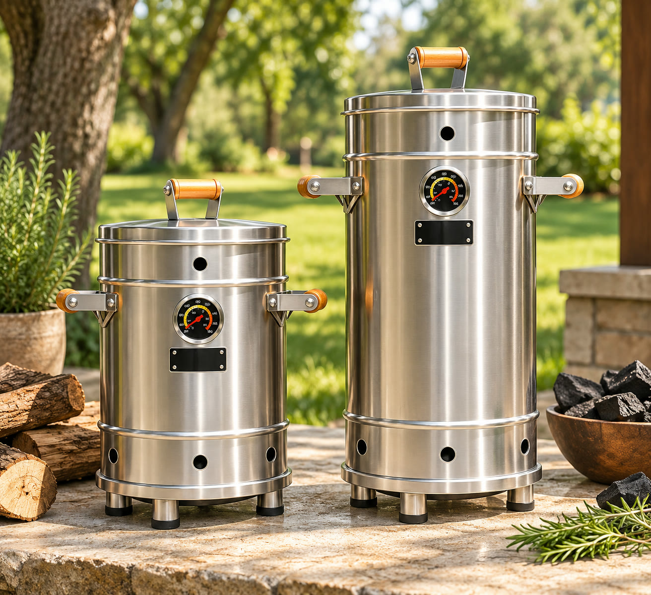 Los dos tamaños de Steak Barrel, chico y grande, uno al lado del otro en un patio al aire libre